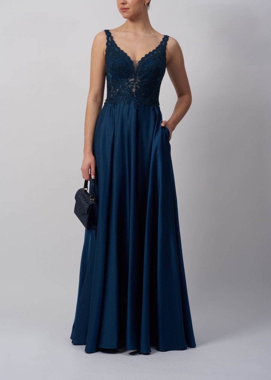 Mascara Prom Dress MC123418 in satin airforce blue with V-neck and lace-embellished bodice, ideal for prom or black tie events.