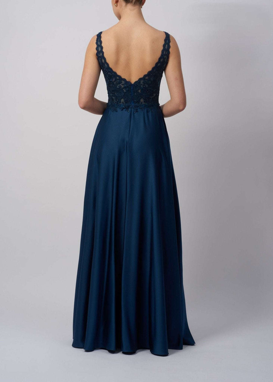 Mascara Prom Dress - Satin Airforce Blue with V-neck and lace-embellished back. Full-length gown ideal for prom or black-tie events.