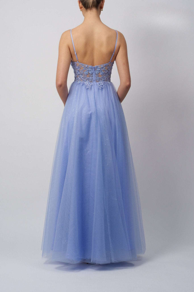 Back view of Mascara London MC11344 Wisteria Prom Dress showing sheer lace bodice and flowing tulle skirt in elegant eveningwear style.