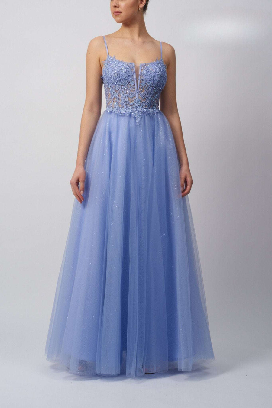 Mascara Prom Dress - Wisteria London MC11344 features a lilac tulle skirt and floral lace bodice with thin straps, perfect for prom or formal events.