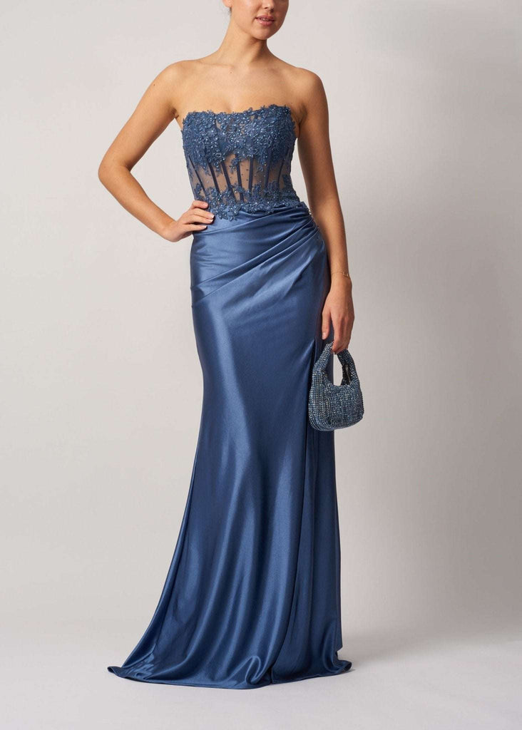 Corset Gown MC12422 in Airforce Blue with boned lace strapless bodice and fitted satin skirt, ideal for prom or red carpet events.
