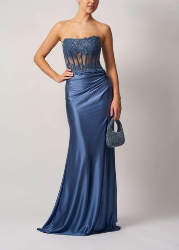 Corset Gown MC12422 in Airforce Blue with boned lace strapless bodice and fitted satin skirt, ideal for prom or red carpet events.