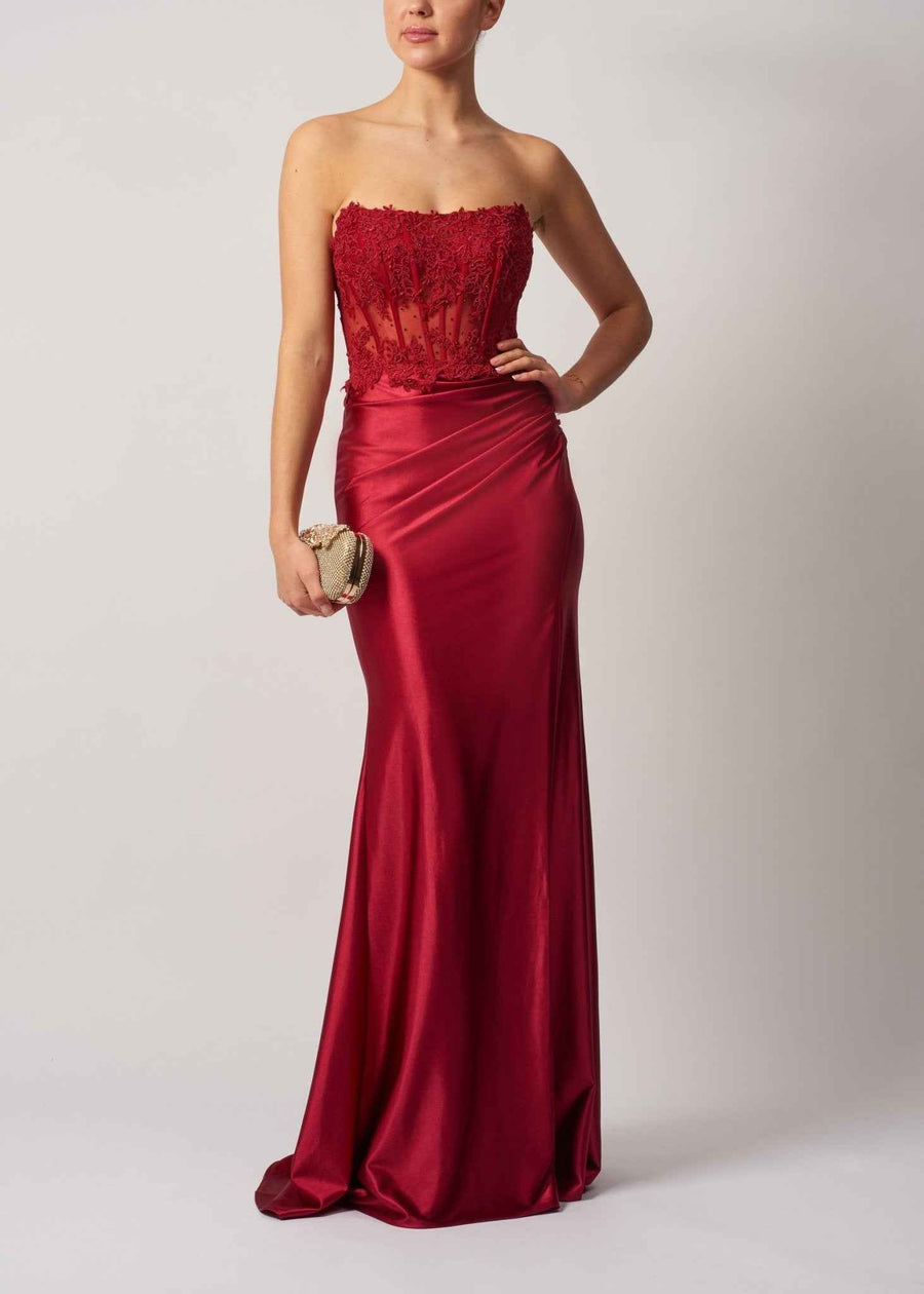 Berry Red Strapless Corset Gown - Mascara MC12422 featuring an embellished lace corset bodice and satin slim-fitted skirt, ideal for prom or red carpet events.