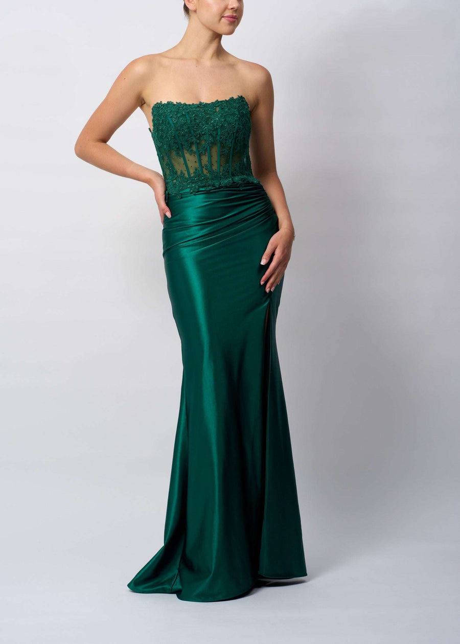 Front angle of forest green Mascara Strapless Corset Gown MC12422 featuring lace embellished corset top and slim satin skirt for formal events.