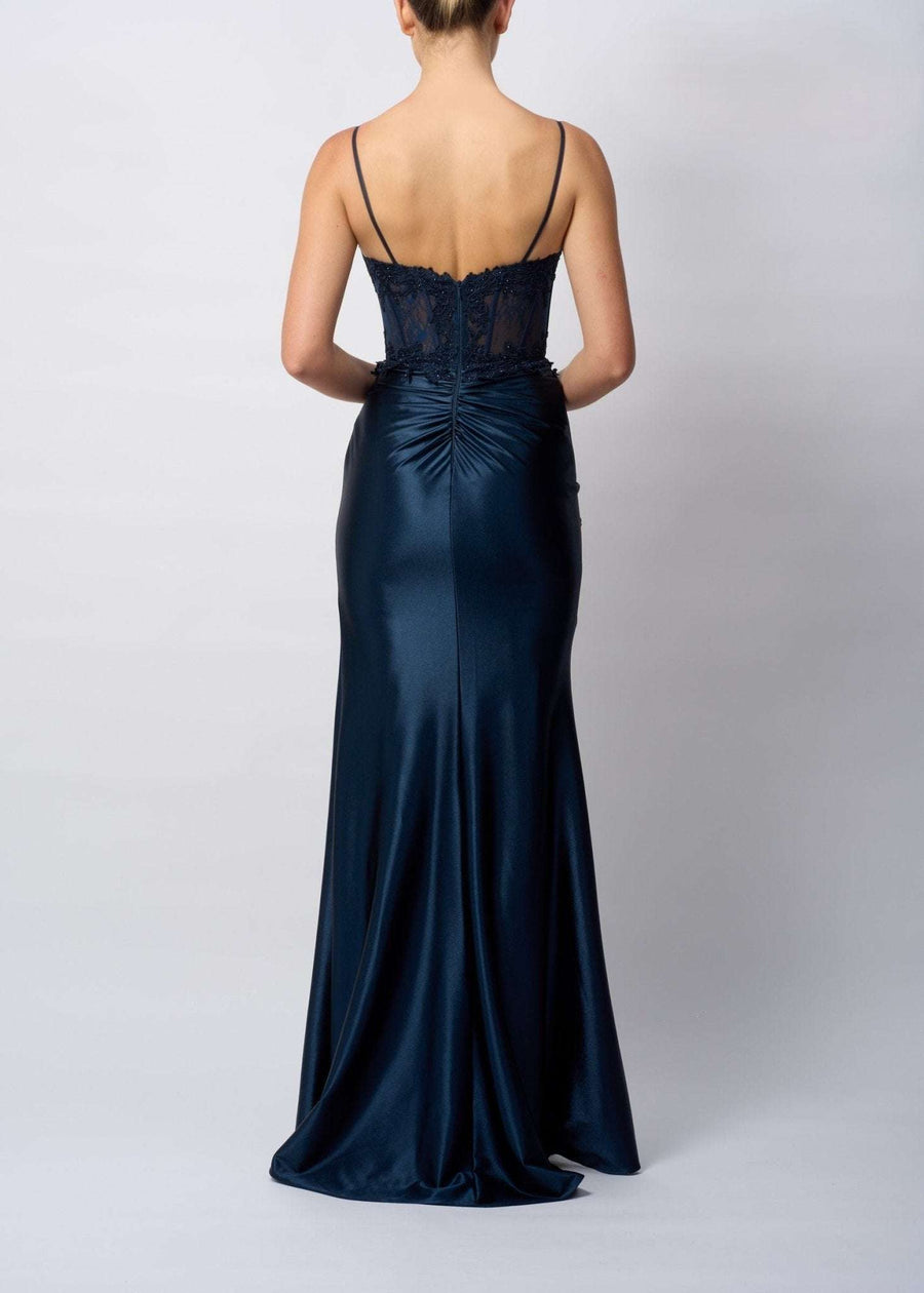 Mascara Corset Top - Forest Green Lace dress MC12423 features a flattering fit with ruched satin skirt and lace bodice, ideal for prom or red carpet events.