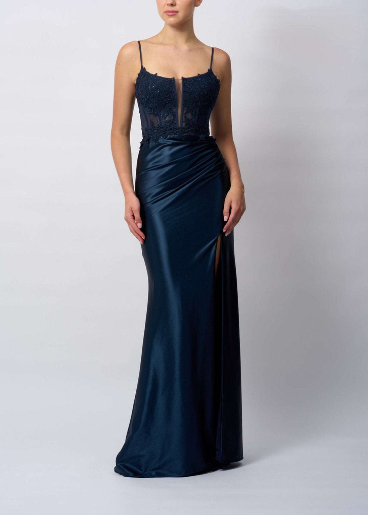 Mascara MC12423 Ink Blue Lace and Satin Corset Prom Dress with fitted bodice, lace detailing, and thigh-high slit, perfect for prom or evening events.