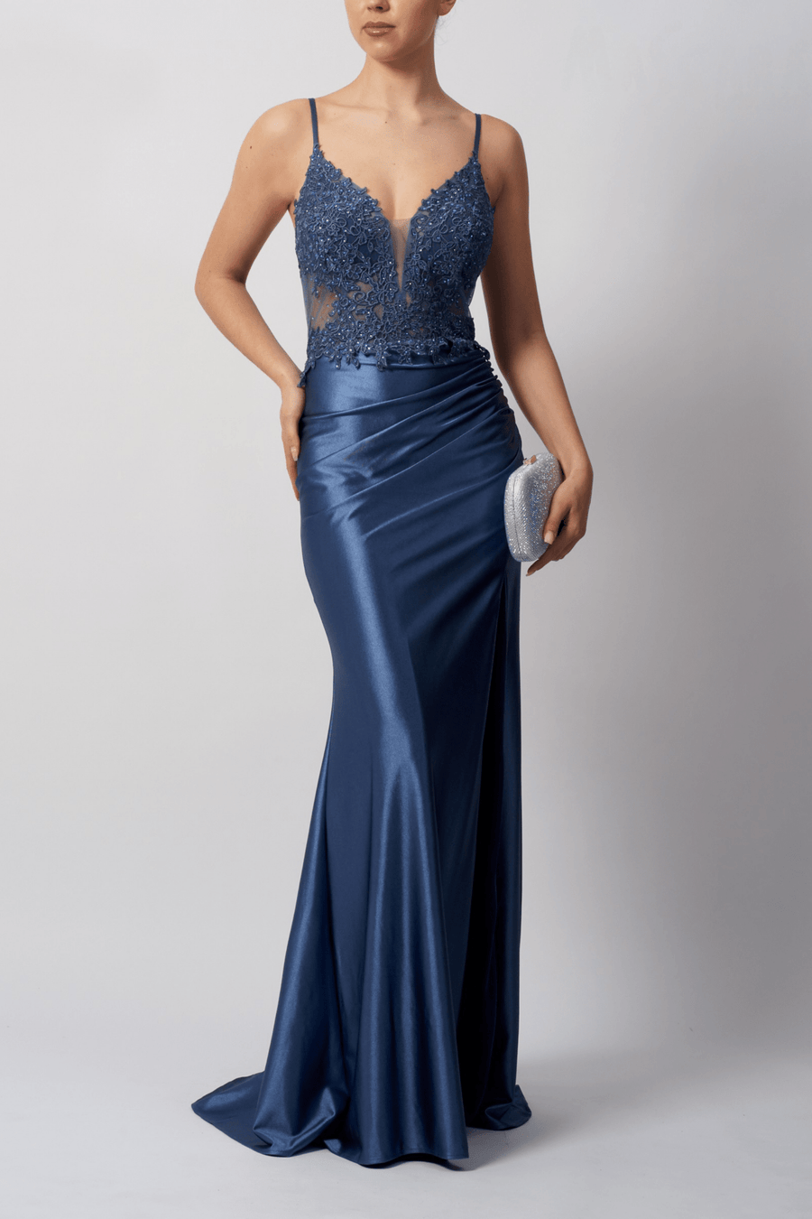 Prom Dress - Airforce Blue | Fitted Design, Standout Color. Mascara London MC12424 features a lace bodice with plunging neckline and satin skirt with high leg split.