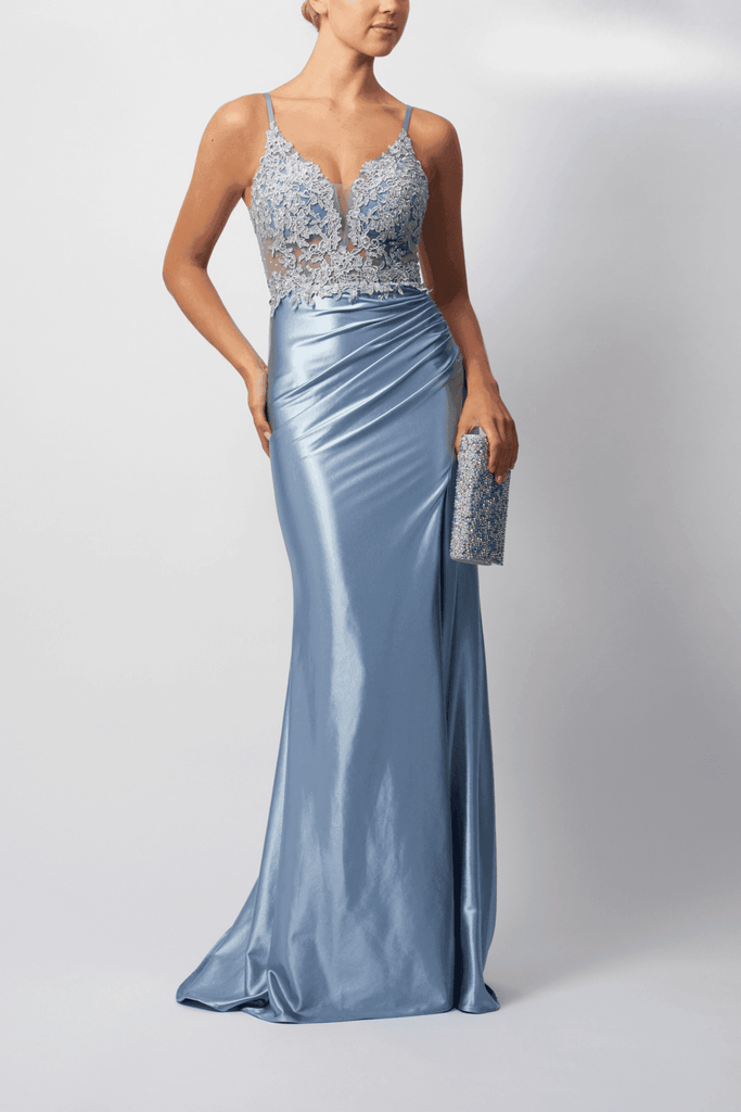 MC12424 Steele Blue Prom Dress 2025 by Mascara London features a fitted satin silhouette with lace bodice and high leg split, ideal for prom or gala.