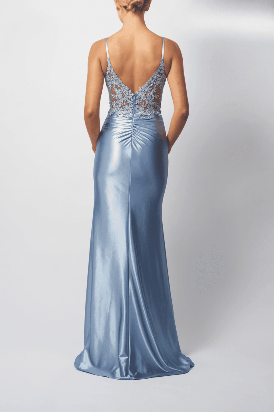 Prom Dress - Airforce Blue | Fitted Design, Standout Color. Back view of Mascara London MC12424 prom dress with lace bodice and satin skirt.