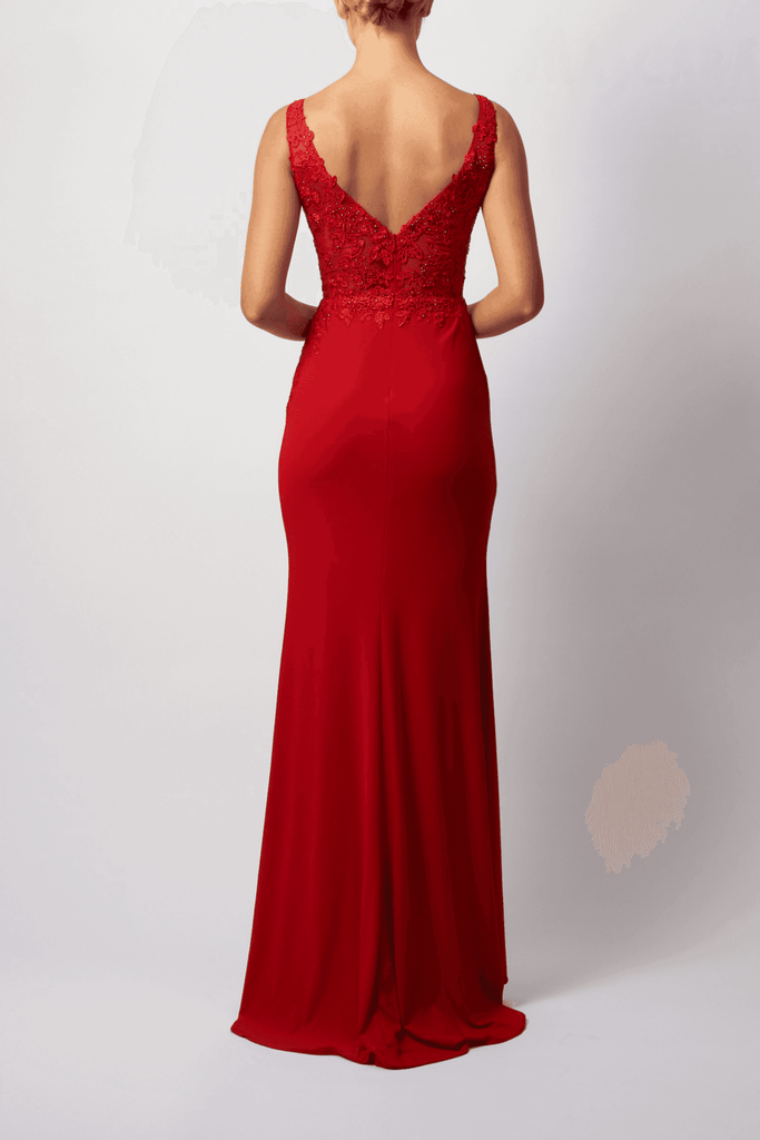 Back view of Mascara London MC12433 Navy Jersey Gown featuring a deep V-back and embellished corset bodice. Elegant choice for prom or black tie events.