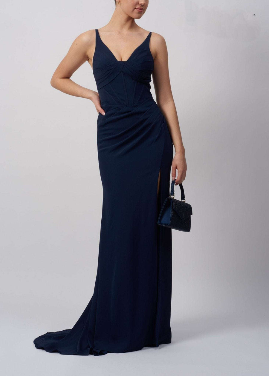 Mascara MC16326 Navy Fitted Evening Dress with spaghetti straps and satin finish, featuring a thigh-high slit and ruched bodice for formal events.