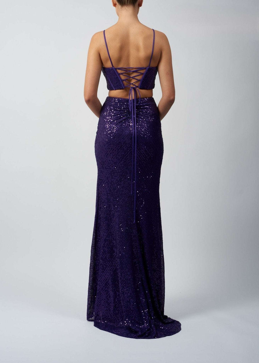 Mascara MC18326 Twin Set in black sequin design, featuring a fitted two-piece dress with lace-up back and floor-length skirt for prom or red carpet events.