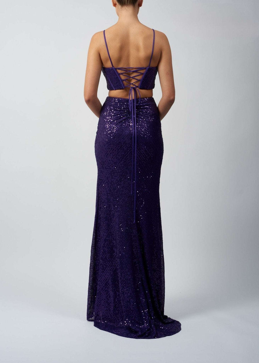 Steele Blue Sequin Mascara Twin Set MC18326 featuring a fitted backless crop top with lace-up detail and a long slim sequin skirt. Perfect for prom or red carpet events.