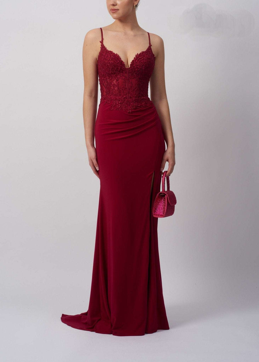 Wine Jersey Corset Prom Dress with lace bodice, leg split, and slim fit design. Mascara MC18328 perfect for red carpet or black tie events.