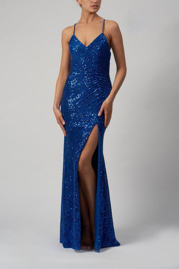 model in royal blue sequin slim dress