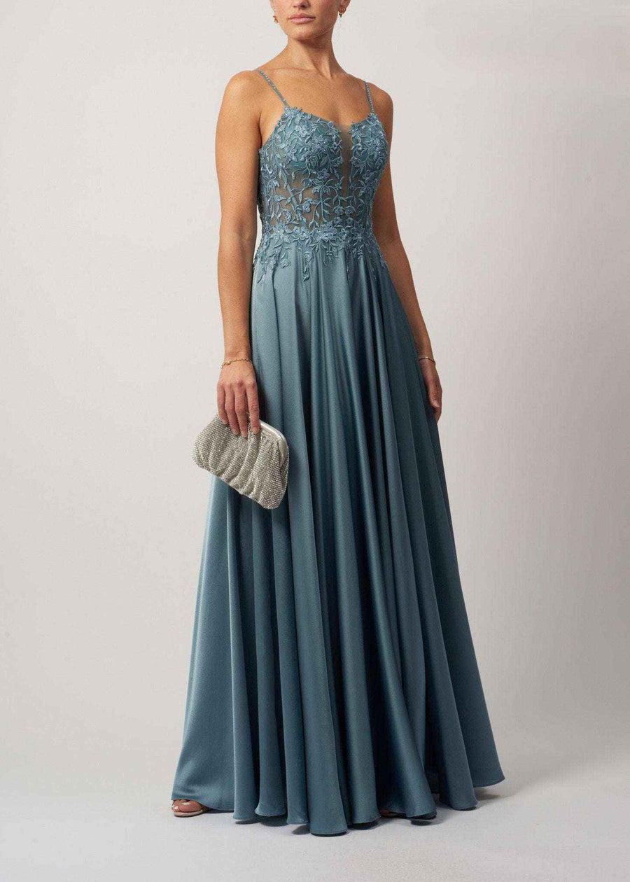 Satin bridesmaid dress in dusty blue with corset bodice, lace detailing, and gem straps. Perfect for weddings, proms, or formal evening events.
