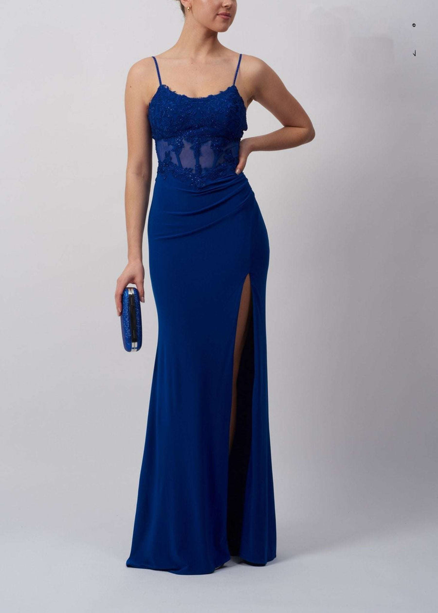 Royal Blue Dress - Jersey Corset MC193212 features a lace corset bodice with sheer detailing and a high-leg split, perfect for prom or red carpet events.