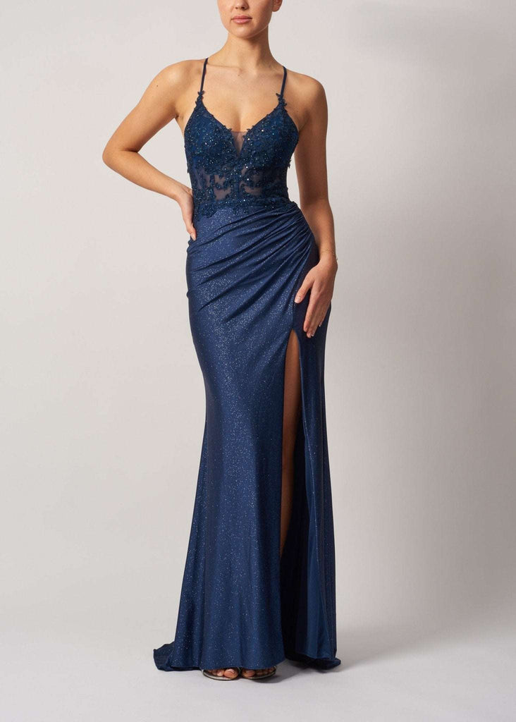 Mascara London Gown in Airforce Blue featuring a fitted silhouette, glitter finish, lace bodice, and thigh-high leg split for special occasions.