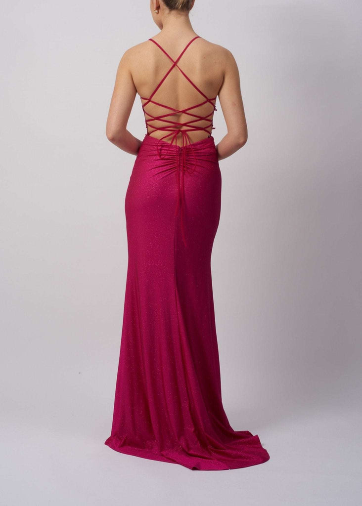 Mascara London Gown - Airforce Blue Fitted Gown featuring a glittery finish and dramatic string tie back. Ideal for prom or red carpet events.