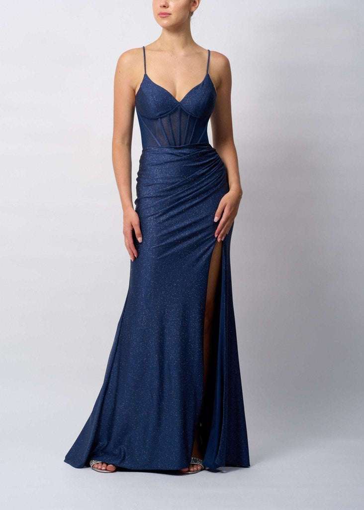 MC19427 Fitted Prom Dress in airforce blue with tie back, featuring a glitter finish, thigh-high slit, and ruched waist for a figure-hugging silhouette.