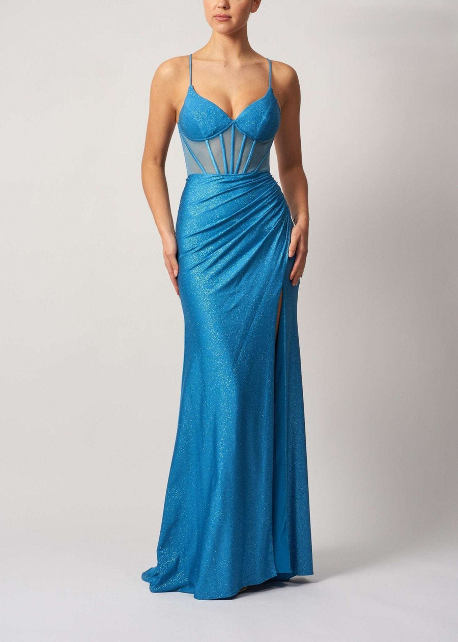 Mascara MC19427 Powder Blue Fitted tie back Jersey Prom Dress with glitter finish, structured bodice, and thigh-high slit, ideal for prom night.