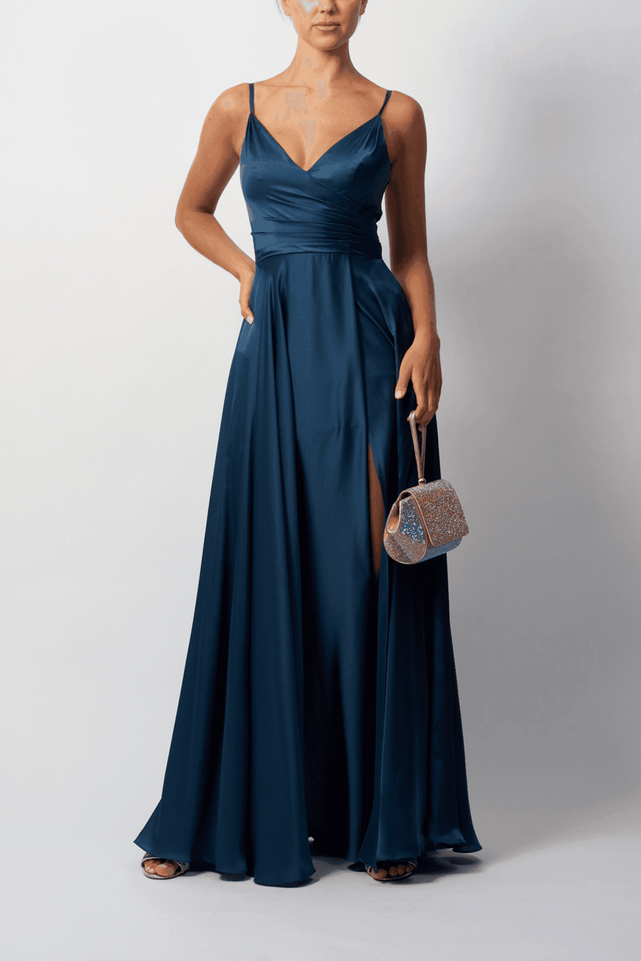 Mascara London MC220123 Airforce Blue Satin Evening Dress with Wrap Bodice and Side Split