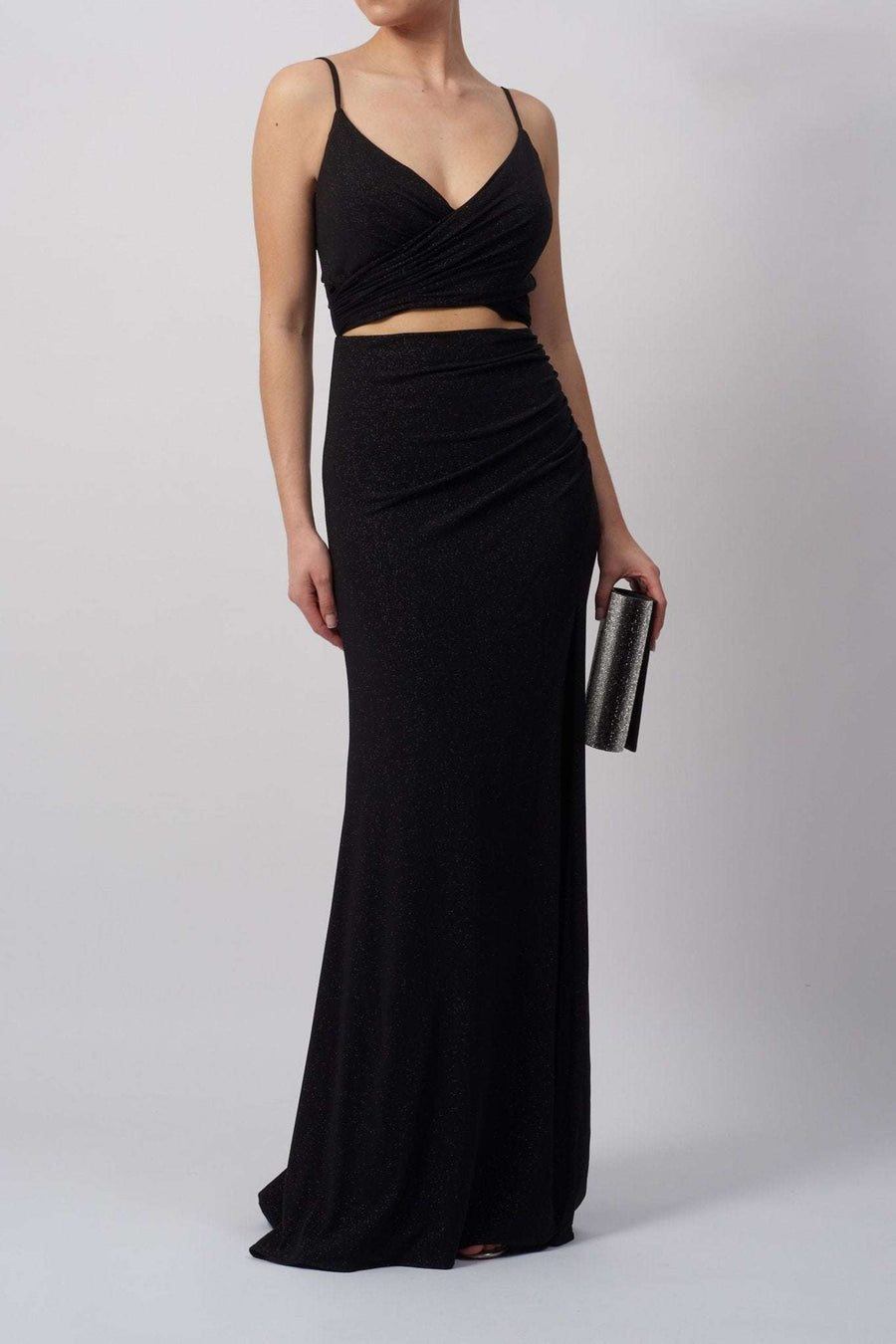 Glitter Dress - Black Mascara MC22328 features a slim-fitted silhouette with a crop top and floor-length skirt, perfect for prom or black-tie events.