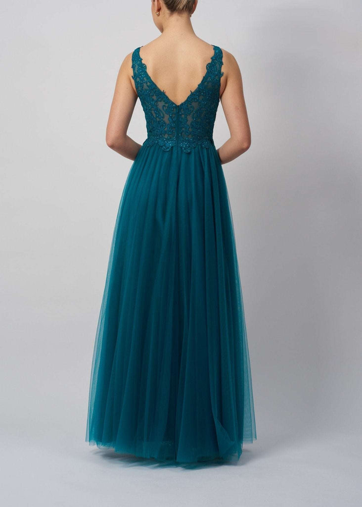 Back view of Mascara MC23344 Petrol V-Neck Embroidered Tulle Prom Dress with floral lace bodice and flowing tulle skirt. Elegant formal gown for prom or gala.
