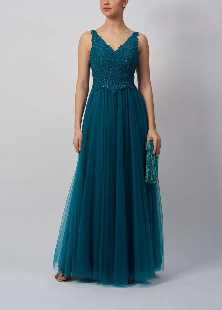 Mascara MC23344 Petrol V-Neck Embroidered Tulle Prom Dress with floral lace bodice and flowing tulle skirt, ideal for formal events and proms.