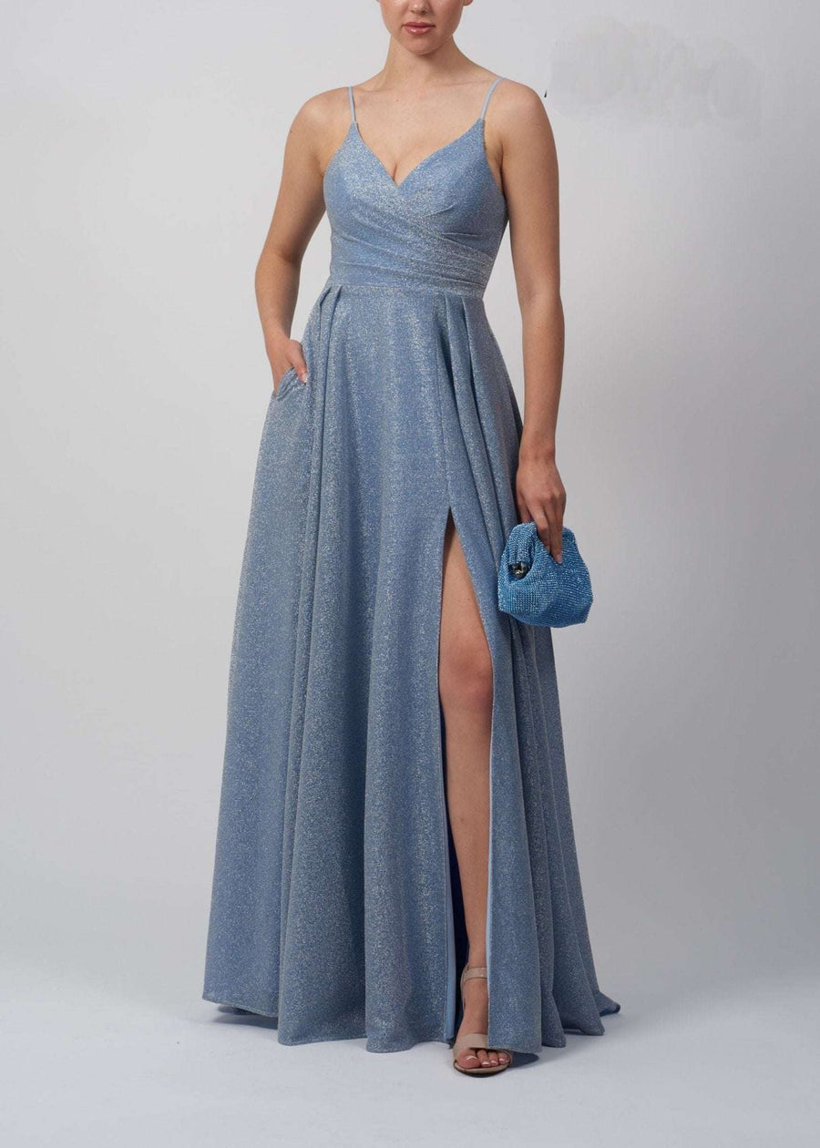 Pleated Glitter Dress MC28316 in powder blue with V-neck, thigh-high slit, and pockets. Elegant sparkle gown ideal for prom or formal events.