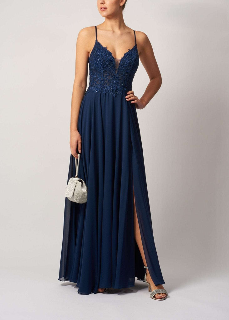 Mascara MC29333 Navy Tie Back Chiffon Bridesmaid Dress with lace bodice, deep V-neckline, and front slit, ideal for formal occasions.