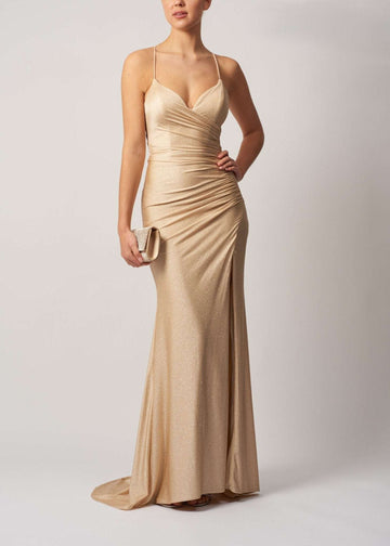 Champagne Rouched Tie Back Dress MC29335 featuring a fitted silhouette, glitter fabric, and plunging neckline. Ideal for prom or black tie events.