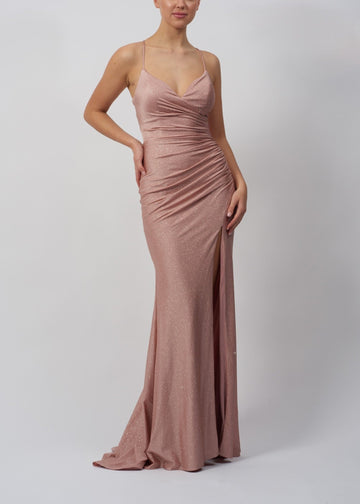 Rose Rouched Dress - Mascara MC29335 featuring flattering rouching, thigh-high slit, and tie back design in soft glittery dusty rose fabric.