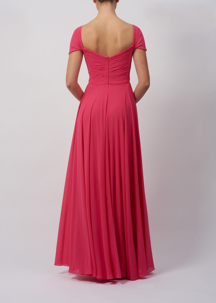 Back view of Mascara Chiffon Dress MC29338 in chambray pink with pleated front and flowing skirt, ideal for formal occasions and comfortable wear.