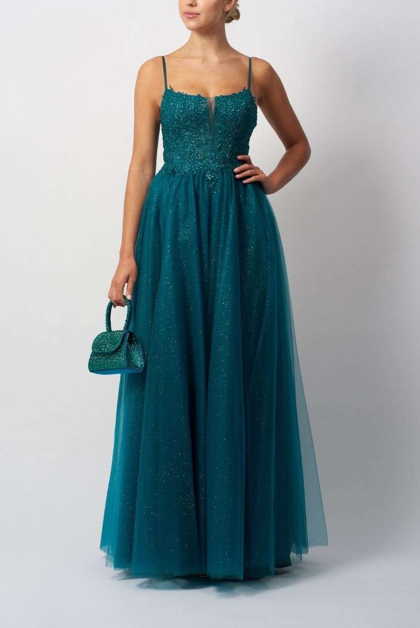 Mascara London Prom Dress - Green Forest Gown with sequin bodice and tulle skirt, perfect for prom or black tie events.