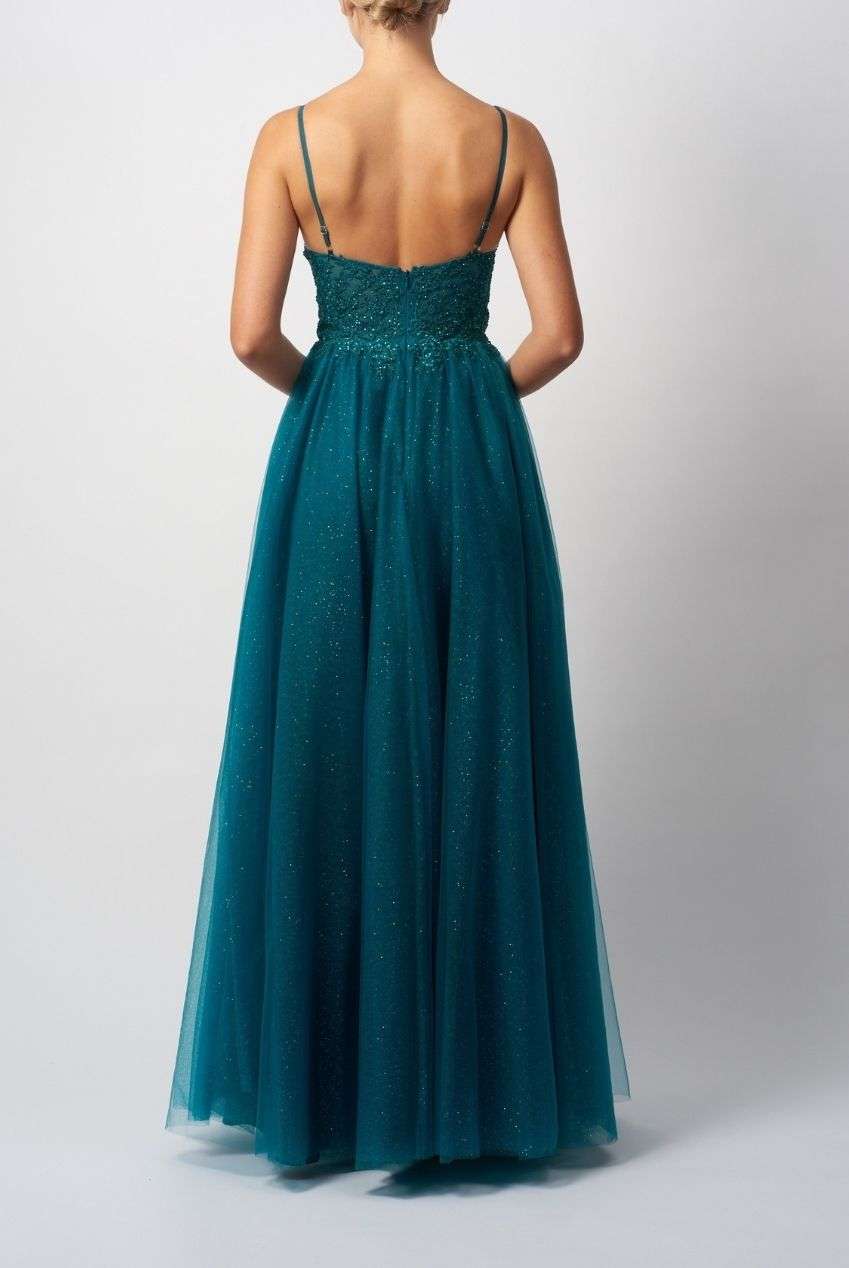 Back view of Mascara London Forest Green Prom Dress featuring a low back and flowing glitter tulle skirt for elegant occasions.