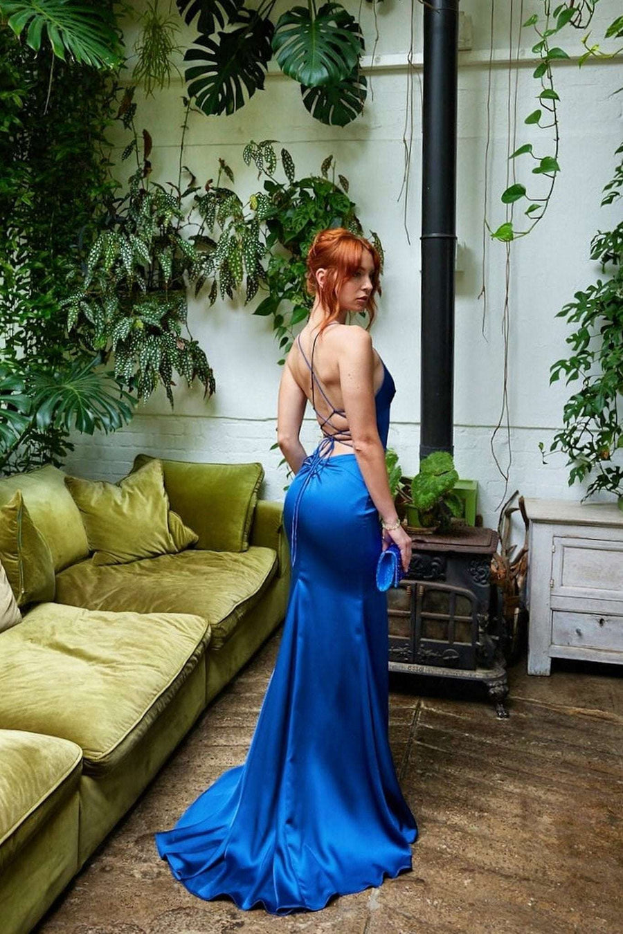 Model wearing the AIRFORCE BLUE MC192017 Satin Low Back Strap Prom Dress