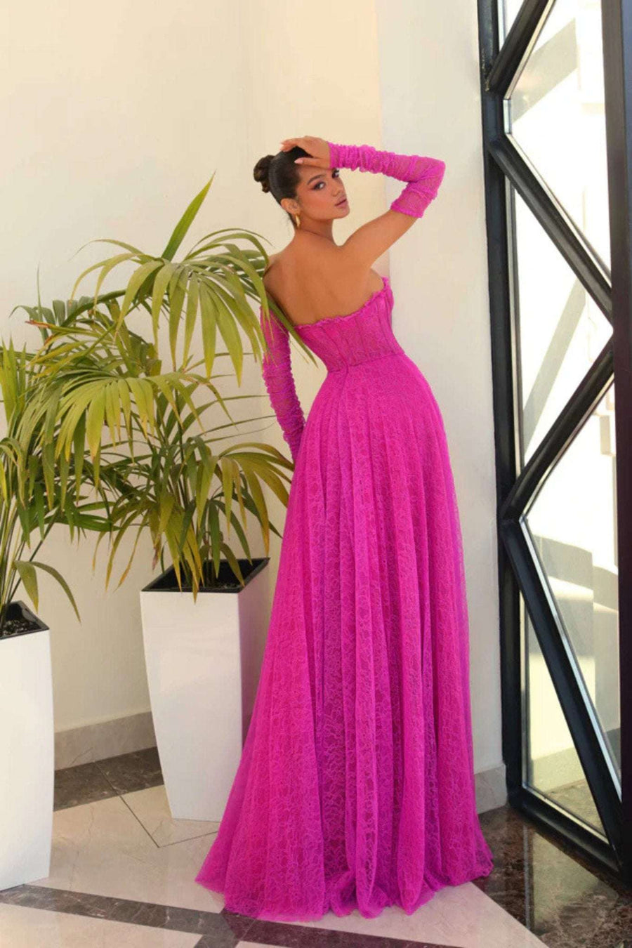 Strapless Lace Ballgown - Magenta Pink NC1005 featuring a floor-length lace skirt and fitted bodice, perfect for prom or red carpet events.
