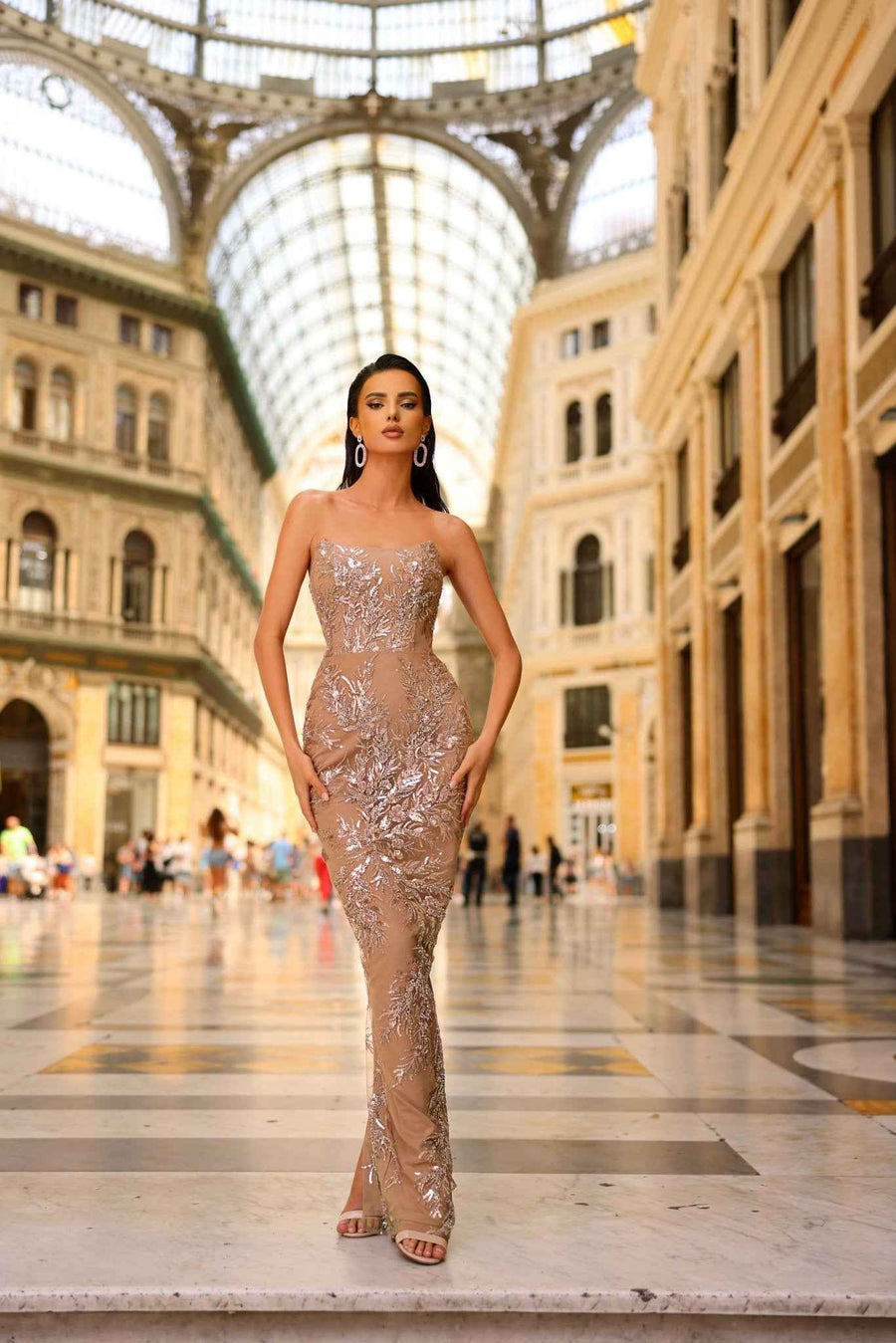 Nude Strapless Embellished Dress NC1082 by Nicoletta featuring full-length sequin and bead detailing, perfect for formal events and red carpet looks.