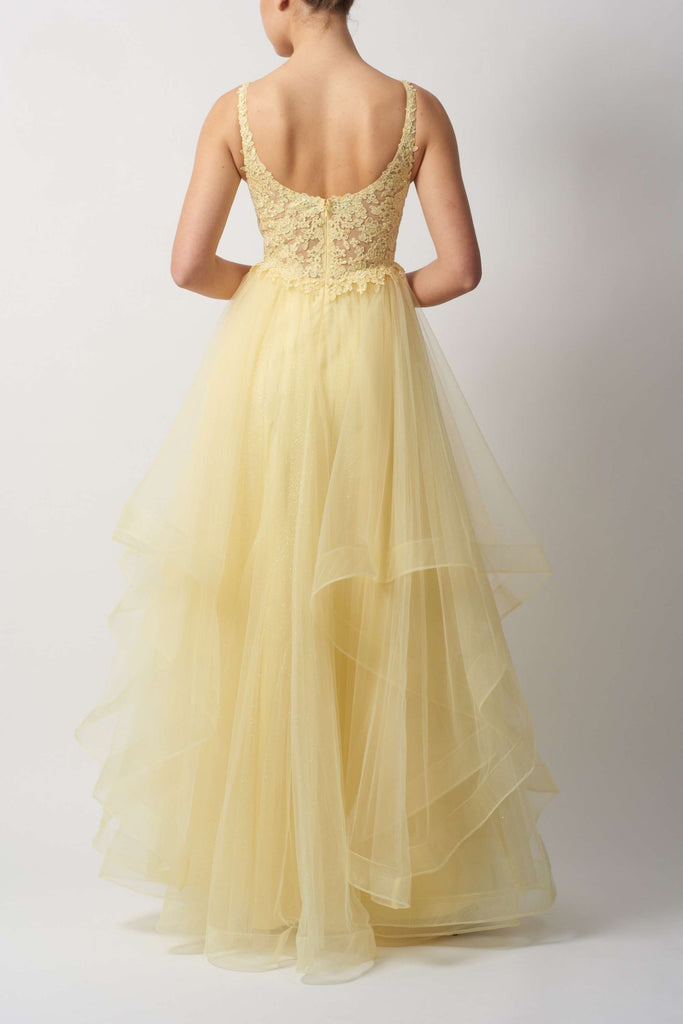 Back view of Mascara MC12515 Lemon Gown featuring scoop neckline and flowing double tulle layers, perfect for weddings and formal events.