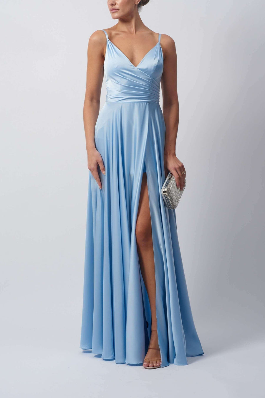 Mascara MC220123 Satin Pleat Prom Dress in Baby Blue with high leg split and wrap bodice, ideal for prom or evening events. Elegant maxi dress in satin.