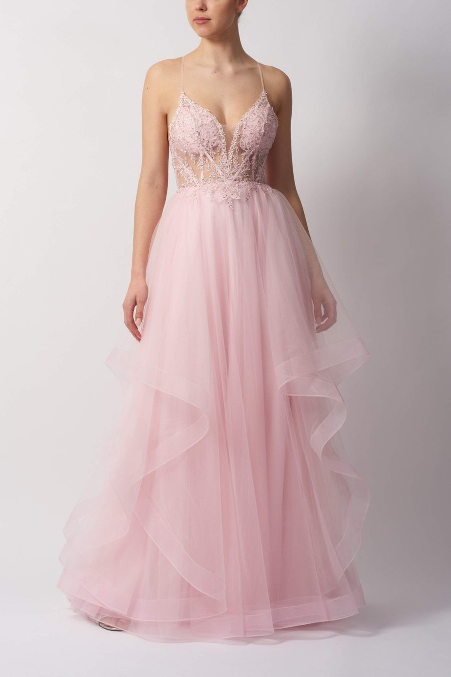 Mascara MC11519 prom dress in with lace bodice, layered tulle skirt, and tie-back design. Ideal for prom or formal occasions.