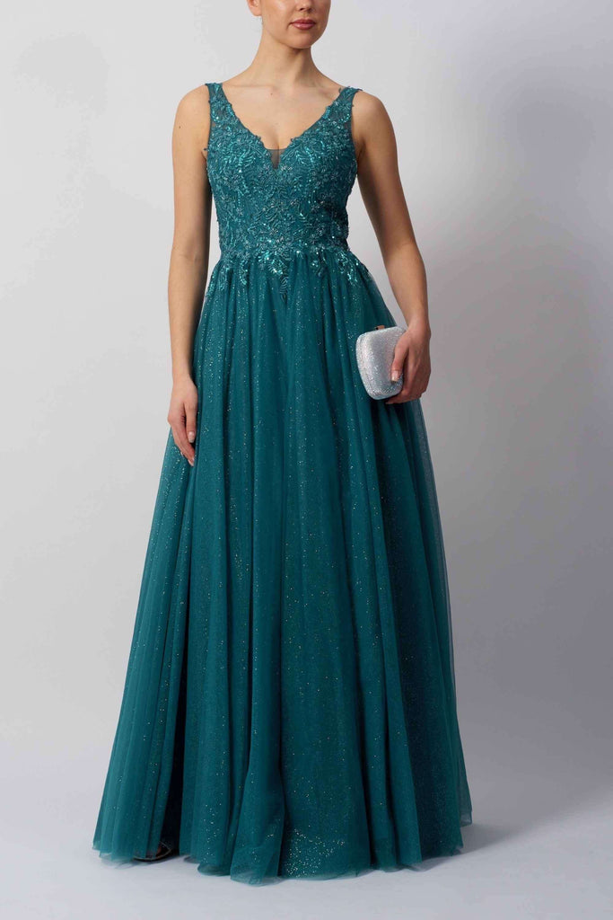Petrol Blue V-Neck Ballgown with glitter tulle and floral lace bodice, perfect for prom or evening events. Elegant floor-length design by Mascara London.