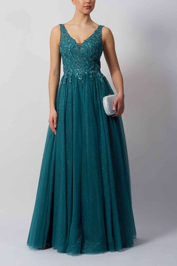 Petrol Blue V-Neck Ballgown with glitter tulle and floral lace bodice, perfect for prom or evening events. Elegant floor-length design by Mascara London.