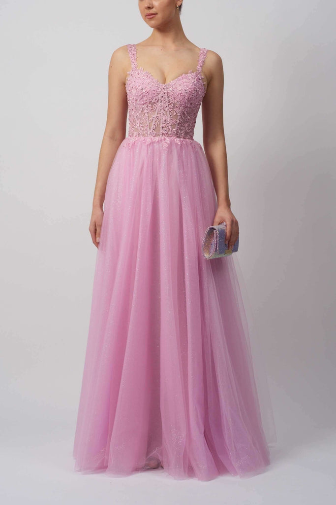 Mascara MC11347 Prom Gown in pink with floral lace bodice and glitter tulle skirt, ideal for prom or formal events.
