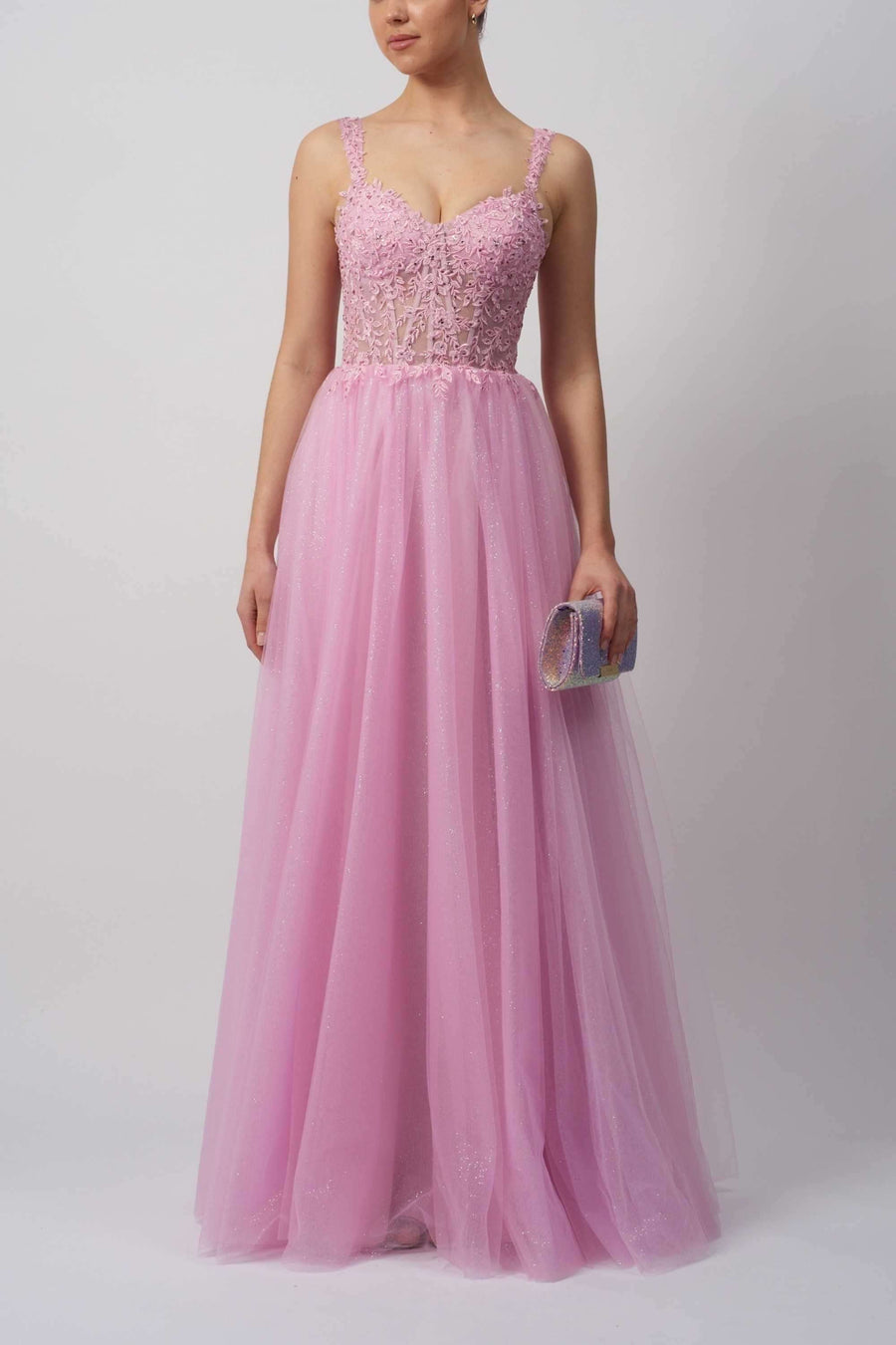 Mascara MC11347 Prom Gown in pink with floral lace bodice and glitter tulle skirt, ideal for prom or formal events.