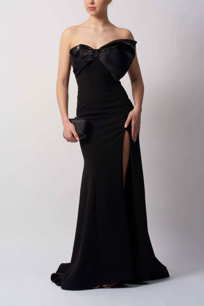 The Bow Jersey Dress - Mascara MC111441 in black, strapless with satin bow detail and thigh-high slit, perfect for prom or red carpet events.