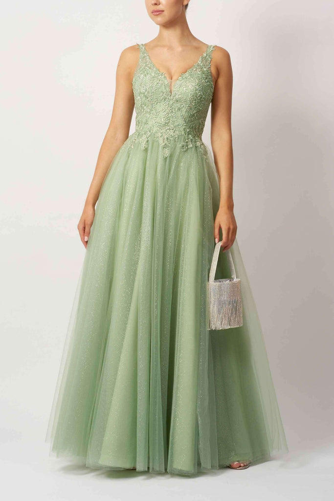 Pistachio V-Neck Ballgown in tulle with glitter detail and floral embroidery, ideal for prom or evening events. Features a fitted bodice and flowing skirt.