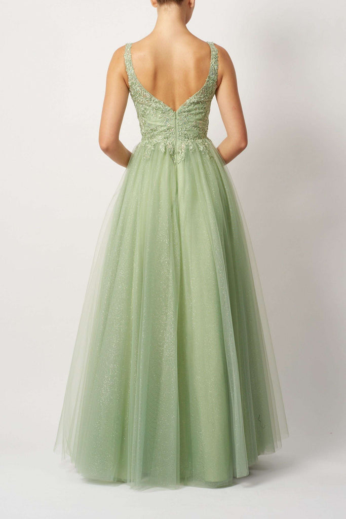 Back view of Pistachio V-Neck Tulle Ballgown showing deep V-back and shimmering tulle layers. Elegant choice for formal occasions and prom nights.