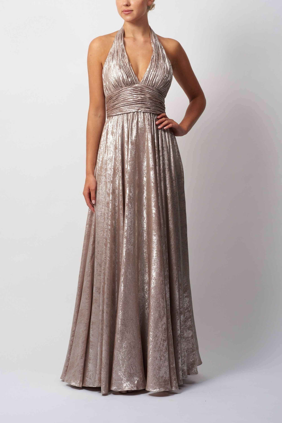 Chiffon Halter Gown by Mascara MC113414 in shimmering taupe with ruched waistband and flowing silhouette, ideal for evening elegance and formal events.